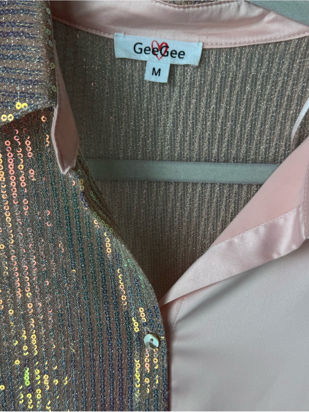 GeeGee Pink Sequin-Front Button-Up Blouse - Picture 3 of 4